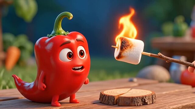 Spicy chili pepper character breathing fire to roast a marshmallow, surreal animation