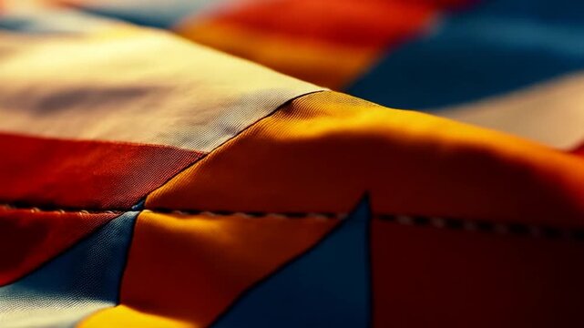 Colorful fabric with visible stitching up close on bed