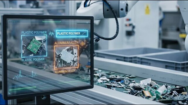 Intelligent automation process electronic recycling robotic arm sorting plastic polymer aluminum alloy components circuit boards for efficient material recovery and separation industrial environment