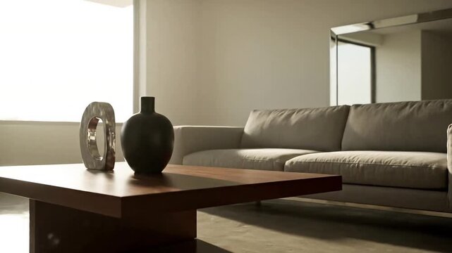 Polished Surface Reflections Medium shot focusing on the smooth, polished surface of a wooden table or metallic decor item, showcasing distinct specular highlights.