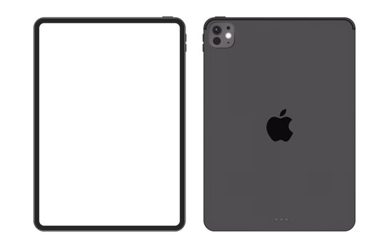 Apple iPad Pro tablet mockup vector front and back view, blank screen isolated device template for UI UX app interface and screen design illustration