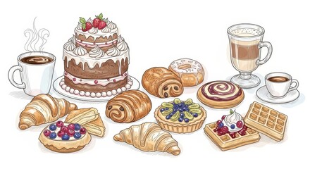 Assortment of Freshly Baked Pastries, Cakes, and Coffee - Hand-Drawn Bakery Collection