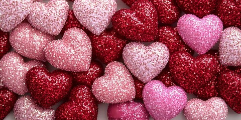 Sparkling glittery hearts in pink and red shades scattered together, romantic love symbols with shimmer texture for Valentine's Day celebrations and wedding designs.