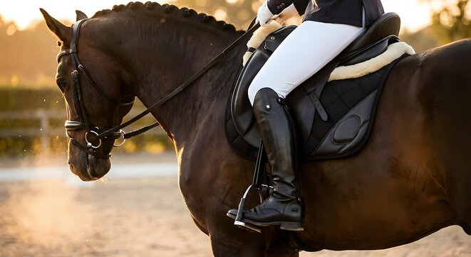 Professional equestrian rider in white breeches and tall boots on dark bay horse during dressage training session at golden hour sunset in outdoor arena.