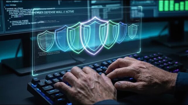 Cybersecurity protection ethical AI security concept with digital shield icons hands typing keyboard technology defense active data network code programming interface encryption firewall safety