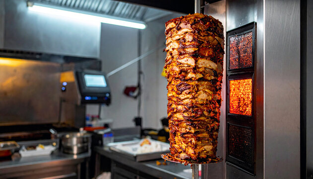 Juicy chicken or mixed meat cooking on a vertical rotisserie spit for shawarma, doner kebab, or gyros in a commercial restaurant kitchen setting.