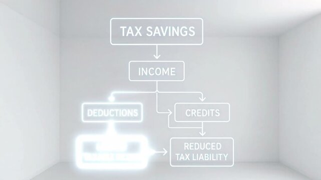 Tax savings flowchart illustrating income, deductions, credits, and tax liability reduction with financial planning strategies and minimalistic design for effective tax reduction and planning concepts
