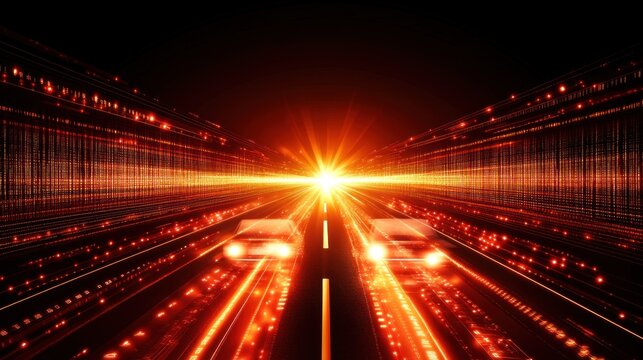 Two cars driving on a futuristic highway at night, surrounded by digital data streams and bright lights.