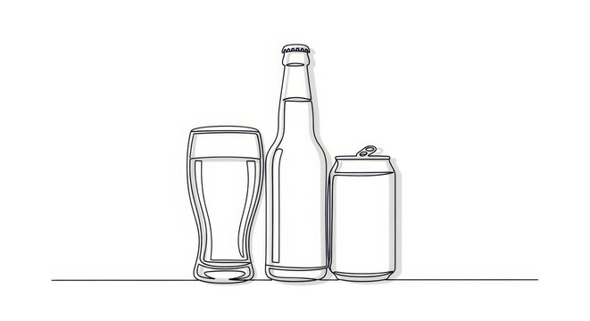 Continuous Line Art of Beer Glass, Bottle, and Can on White Background