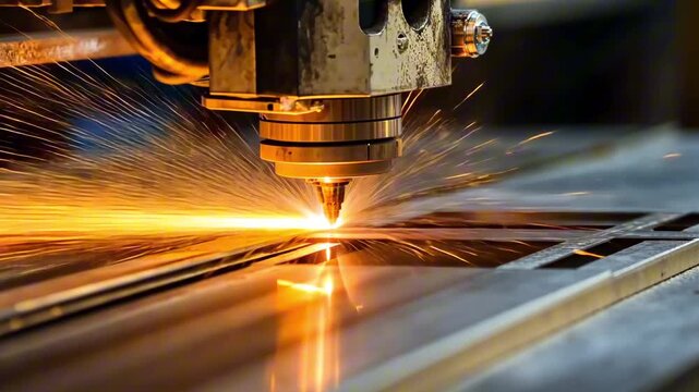 Laser cutting machine emits bright sparks while cutting metal sheet, showcasing precision and technology, camera follows action with smooth dolly movement	
