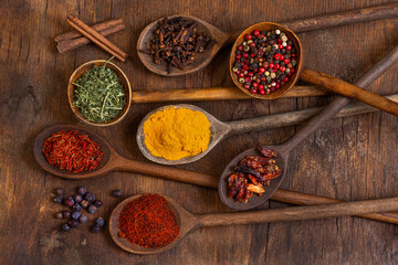 Spices on Wooden Spoons in Kitchen
