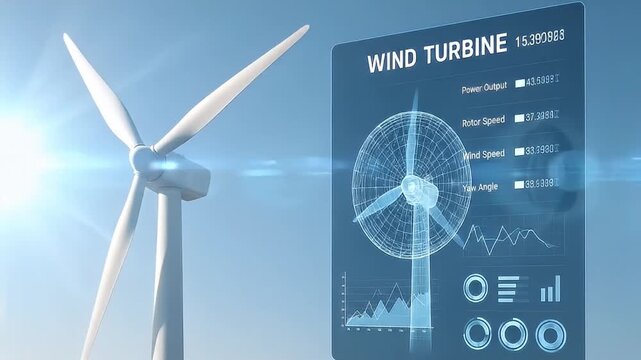 Digital twin wind turbine technology visualizes renewable power energy with real time data and analytics for clean environment and efficient wind energy management under clear blue sky