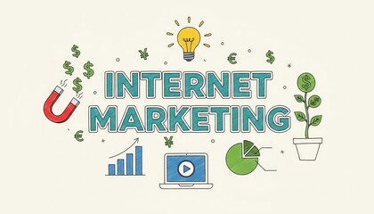 Naklejka premium Internet Marketing concept for digital business success, illustrating online strategy, growth, ideas, revenue, and analytics.