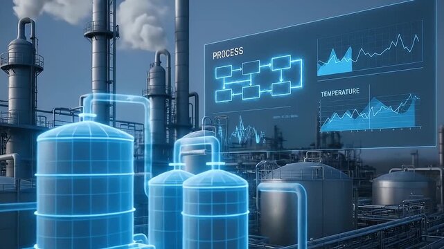 Digital twin technology visualizes industrial process temperature data futuristic factory setting enhancing monitoring control with advanced real time digital twin integration for efficient production