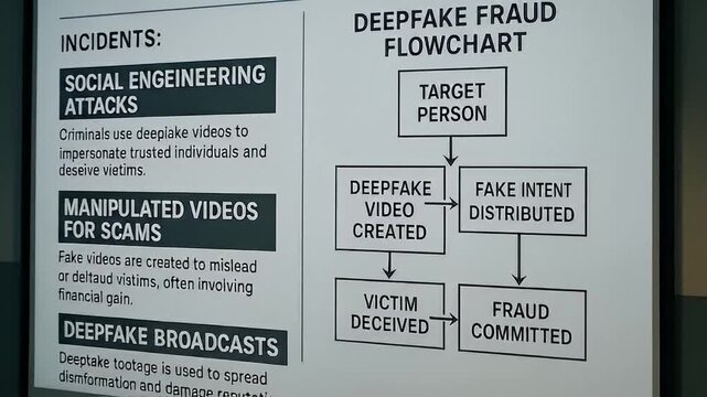 Deepfake fraud flowchart revealing social engineering attacks, manipulated video scams, and deepfake broadcasts used in cybercrime, deception, and police investigation presentations