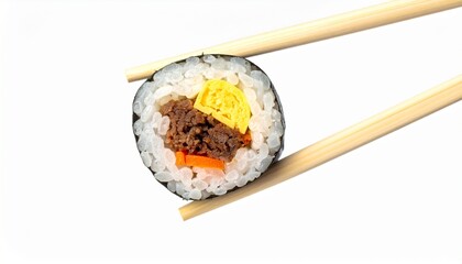 Authentic Korean Kimbap Roll Slice Held by Chopsticks, Ready to Eat, Isolated on White Background