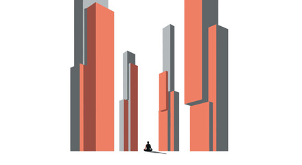 Fototapeta premium Solitude and Focus: Minimalist illustration of a person meditating amidst giant abstract urban skyscrapers, symbolizing stress, data, scale, and mindfulness.