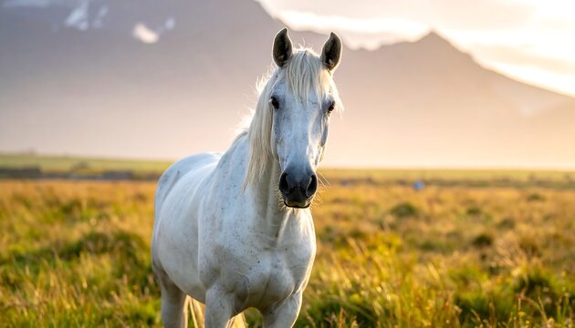 A majestic white steed stands in a grassy field, its gaze fixed forward. Mountains loom in the golden hour behind it