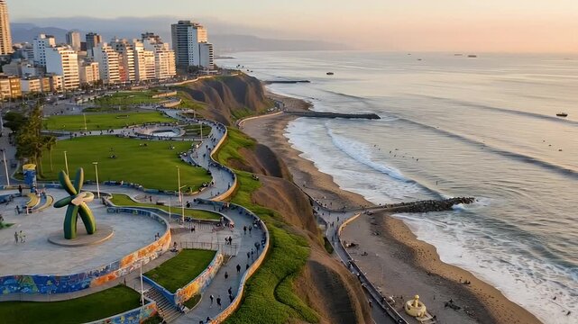 aerial view coastal city park along cliffside with oceanfront promenade
