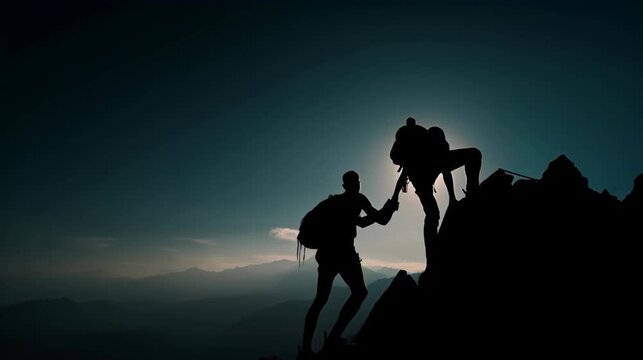 Two silhouettes on the mountain, one helping the other climb. A perfect example of teamwork