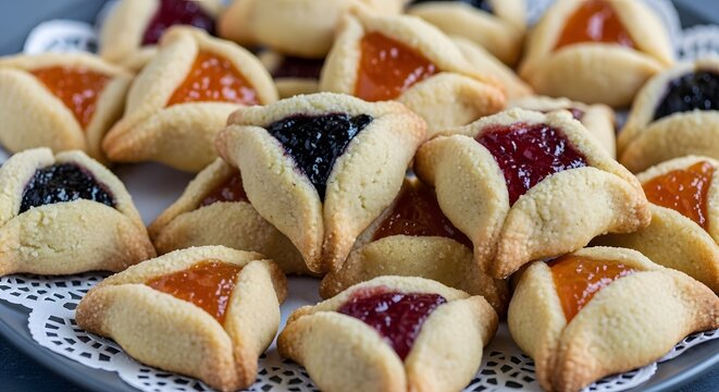A plate of traditional jewish hamantaschen cookies