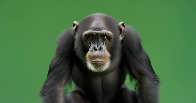 Cinematic video of a chimpanzee on green screen, showcasing facial expressions and body language in a studio environment