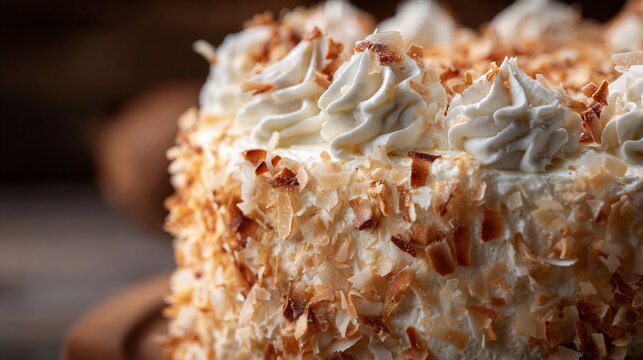 Italian cream cake with toasted coconut texture macro shot
