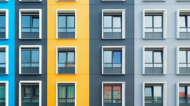 Colorful building facade featuring many windows, showcasing architectural design and pattern 