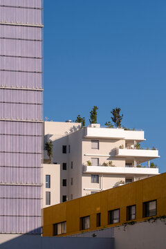 Modern apartment facade architecture with minimal contrast and geometry for urban residential real estate concept in Montpellier France
