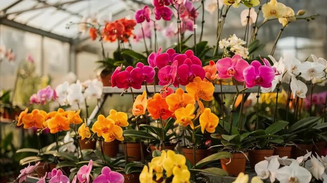Medium shot of tiered display benches filled with vibrant tropical orchids in full bloom focused on delicate petals with a softly blurred greenhouse background.