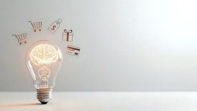 Glowing lightbulb with brain filament and shopping icons on neutral background representing creative marketing ideas and consumer innovation concepts.