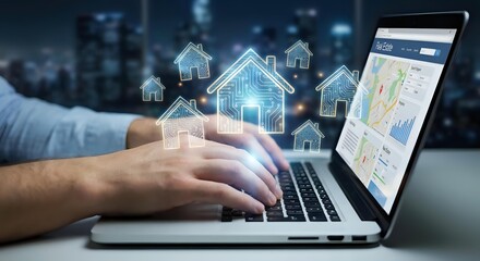 Fototapeta premium Digital real estate technology concept with hands typing on laptop displaying property search interface and floating house icons for online market.