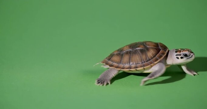 A turtle walking on a green screen background in a studio setting, captured from a side viewpoint.