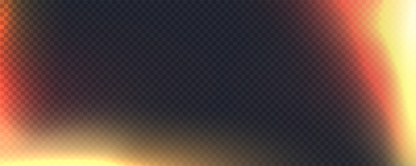 Film lens leak effect on black transparent background. Light filter overlay effect for mobile photo, lens flare bokeh png bg, vector illustration. Burn red and orange gradient glow. © viktoria_ngm