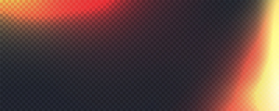 Camera leak realistic effect on black transparent background. Light filter overlay effect for mobile photo, lens flare bokeh png bg, vector illustration. Burn red and orange gradient glow.