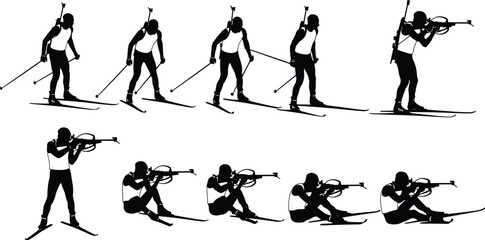 Biathlon athlete silhouettes vector set featuring cross country skiing and rifle shooting poses, winter sports action illustration isolated black collection © ARMAN STOCK