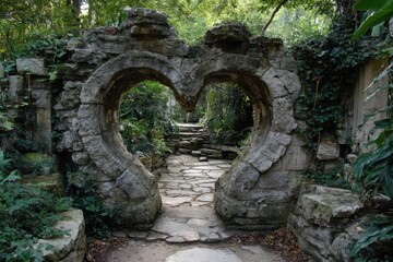 Naklejka premium Heart shaped stone archway leading to a winding garden path