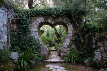 Naklejka premium Heart shaped stone entrance leading to a secret garden