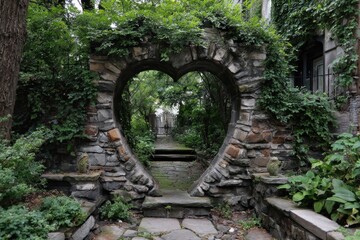 Naklejka premium Stone heart archway leading to a hidden garden path