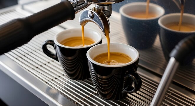 Freshly brewed espresso being poured into three small cups on a metal tray isolated on transparent background, Vector