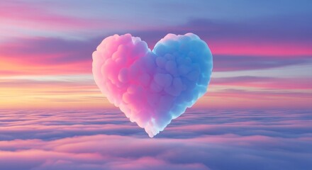 Fototapeta premium Dreamy cloud heart floats above vibrant pink and blue sunset horizon