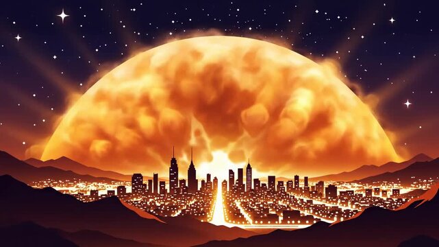 Pollution Awareness in Urban Vector Art at Sunset Over Mountains