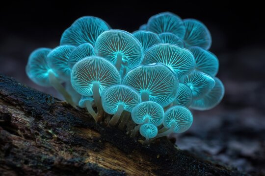 Bioluminescent glowing mushrooms illuminating dark forest floor