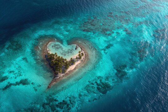 Aerial view of heart shaped tropical island in ocean