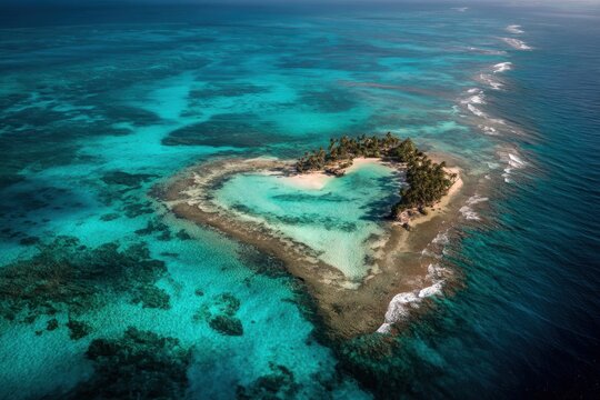 Heart shaped island with tropical beach and turquoise ocean