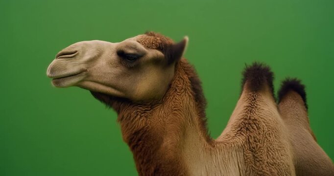 Cinematic ultra-high detail camel shot against a green screen background