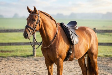 Obraz premium Chestnut horse with braided mane in tack standing in paddock
