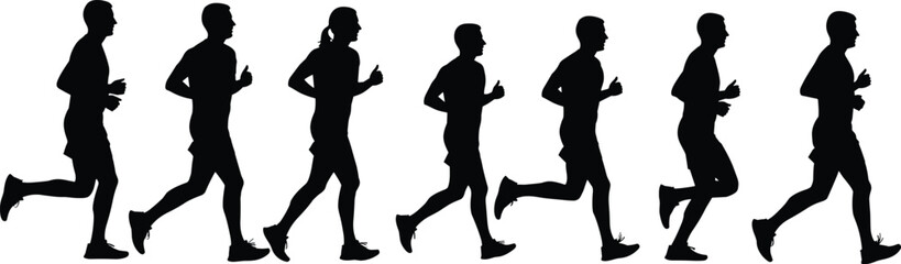 Running people silhouettes vector set featuring male joggers in motion, fitness training poses, isolated black sport illustration collection