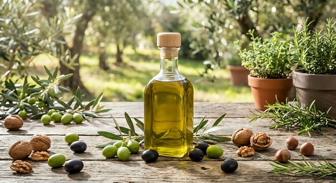 Extra virgin olive oil bottle with fresh olives, walnuts and herbs on rustic wooden table in Mediterranean garden setting for culinary and cooking concepts.