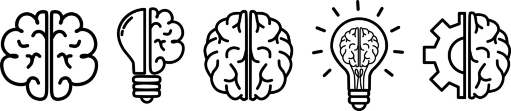 Knowledge thinking line icon set.Mind Power, thinking, cognition, brain, light bulb, education, Brian Power ⛮ , Mind!